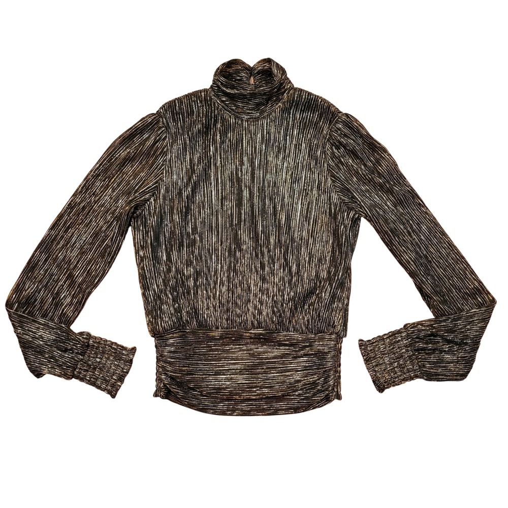 Bailey 44 XS Top Gold Black Metallic Pleated Smocked Mock Neck Glam New Years